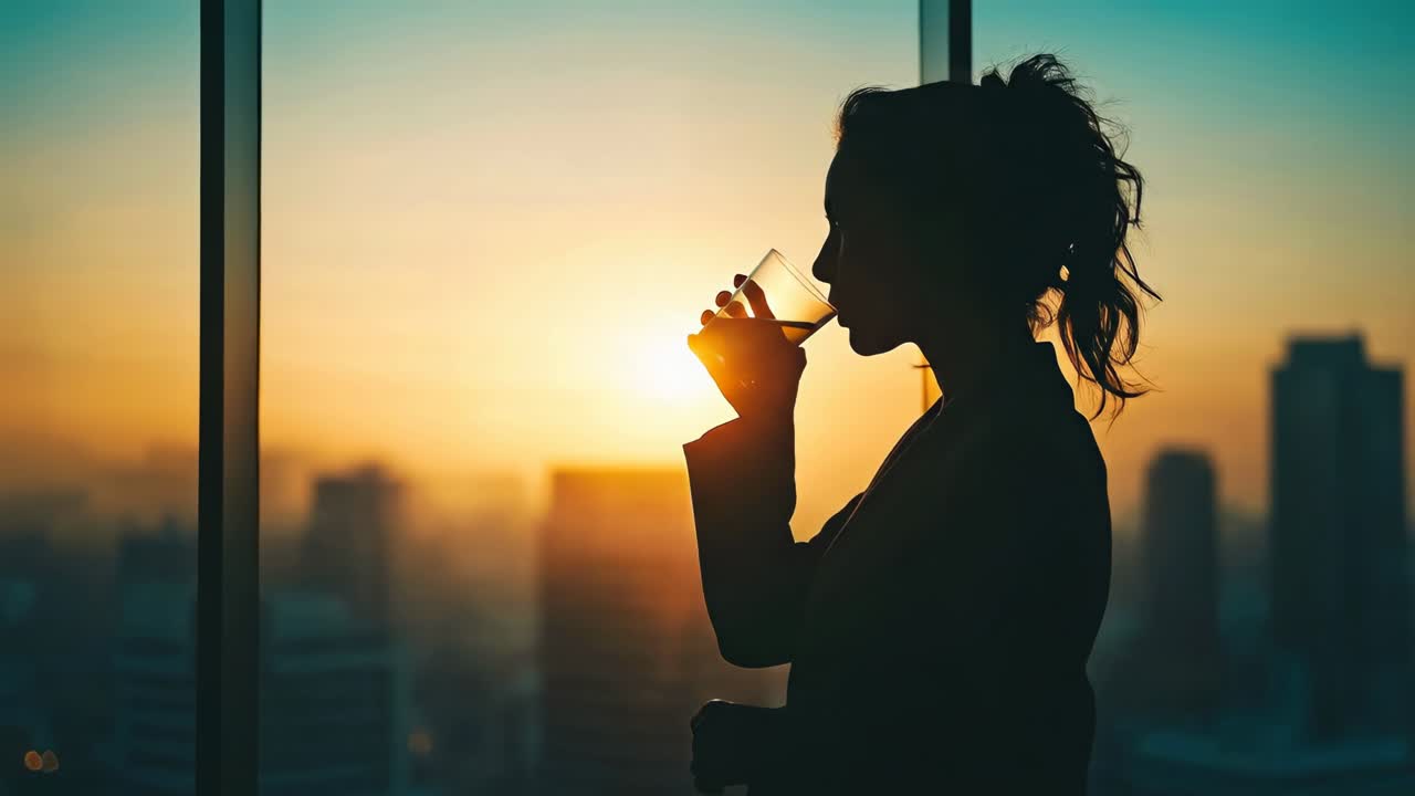Silhouette of Woman Drinking by Window Overlooking City at Sunset