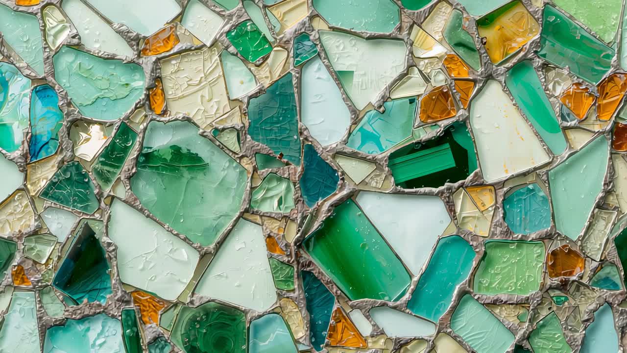 Camera recording glass mosaic panel on interior wall, highlighting green teal amber fragments