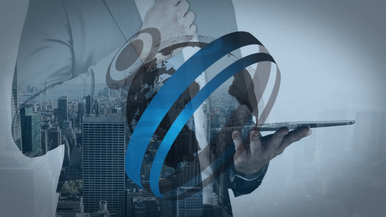 Animation of round scanner over globe against mid section of businessman using digital tablet