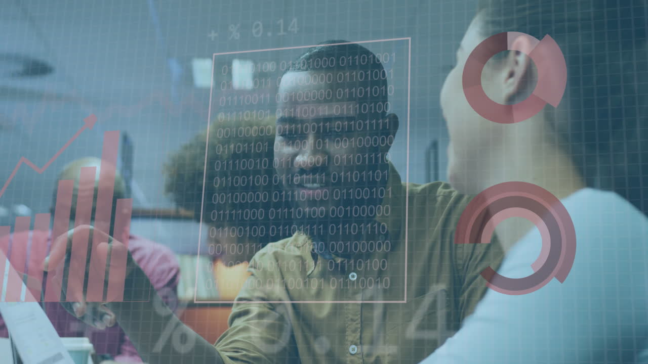 Animation of financial data processing over diverse business people working in office