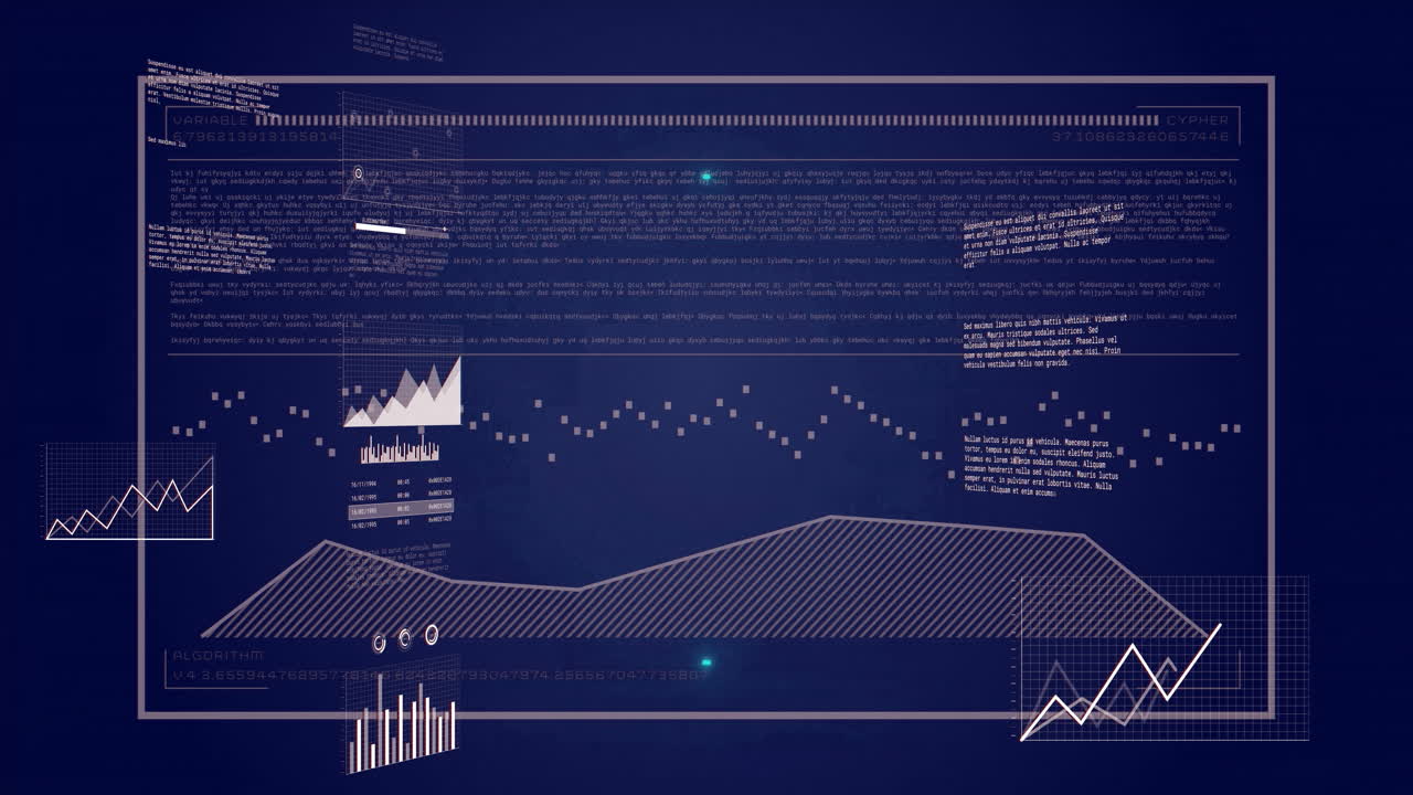 Central data dashboard panel showing line graphs bar charts and code blocks in animated flat design