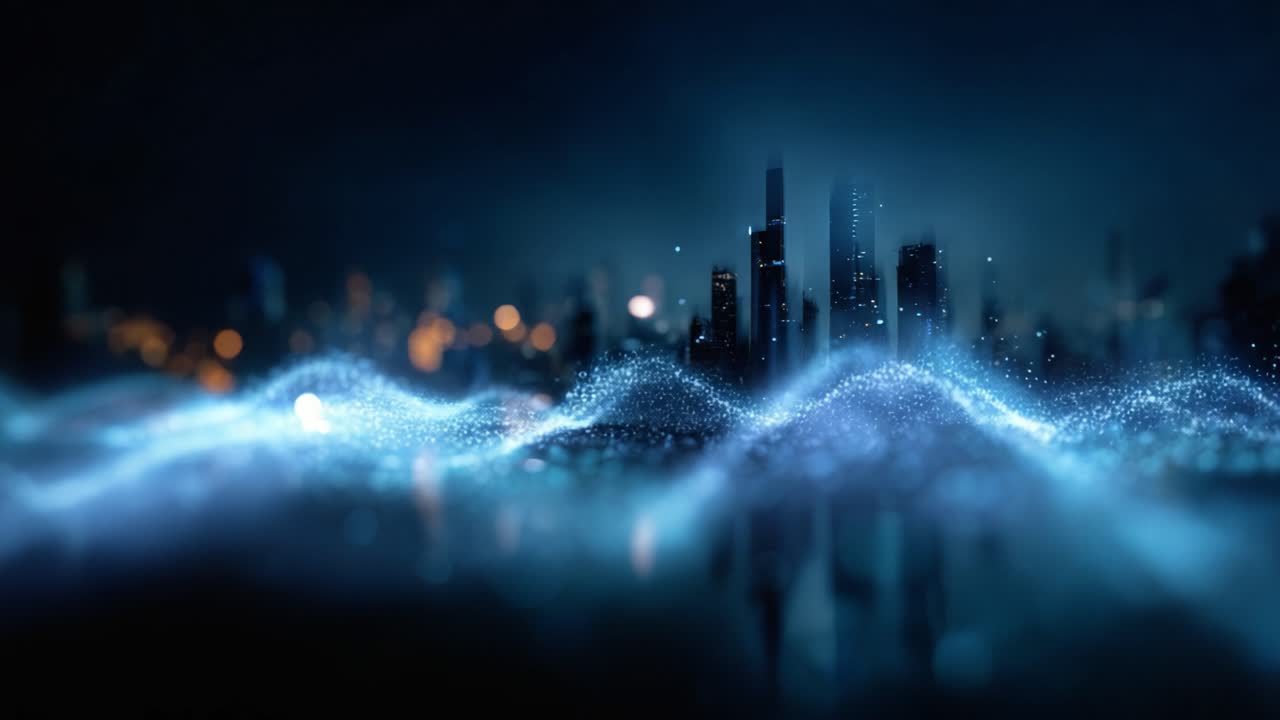 Radiant Urban Skyline: A Mesmerizing Wave of Light and Particles Dancing Above the Water, Painting a Dreamlike Cityscape in the Night with Gleaming Reflections