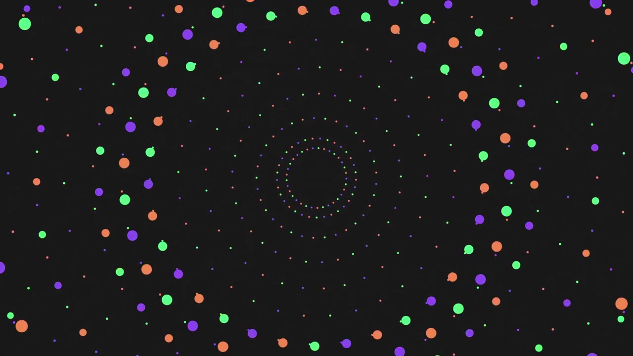 A vibrant and symmetrical circular pattern composed of colorful circles like purple, yellow, and green, on a black background. The design showcases a harmonious and balanced composition