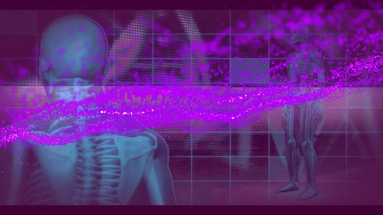 Particle ribbon entering from left, sweeping past skeletons, thickening and revealing anatomy data