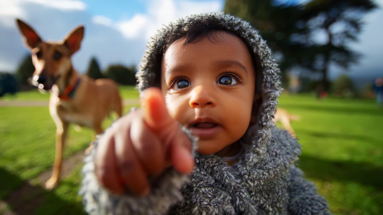 A Curious Child with Big Blue Eyes Explores the Outdoors Surrounded by Playful Dogs in a Picturesque Park Setting on a Sunny Day