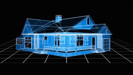 animation of rotating 3d house plan, with blue and white lines passing, on black background