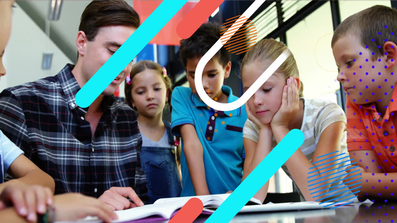In school, children watching animation of colorful lines while teacher reads book
