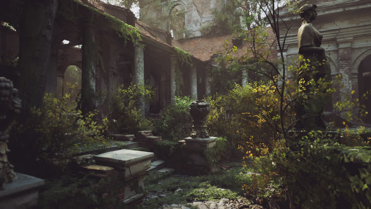 Abandoned garden with statues and overgrown vegetation in ancient ruins