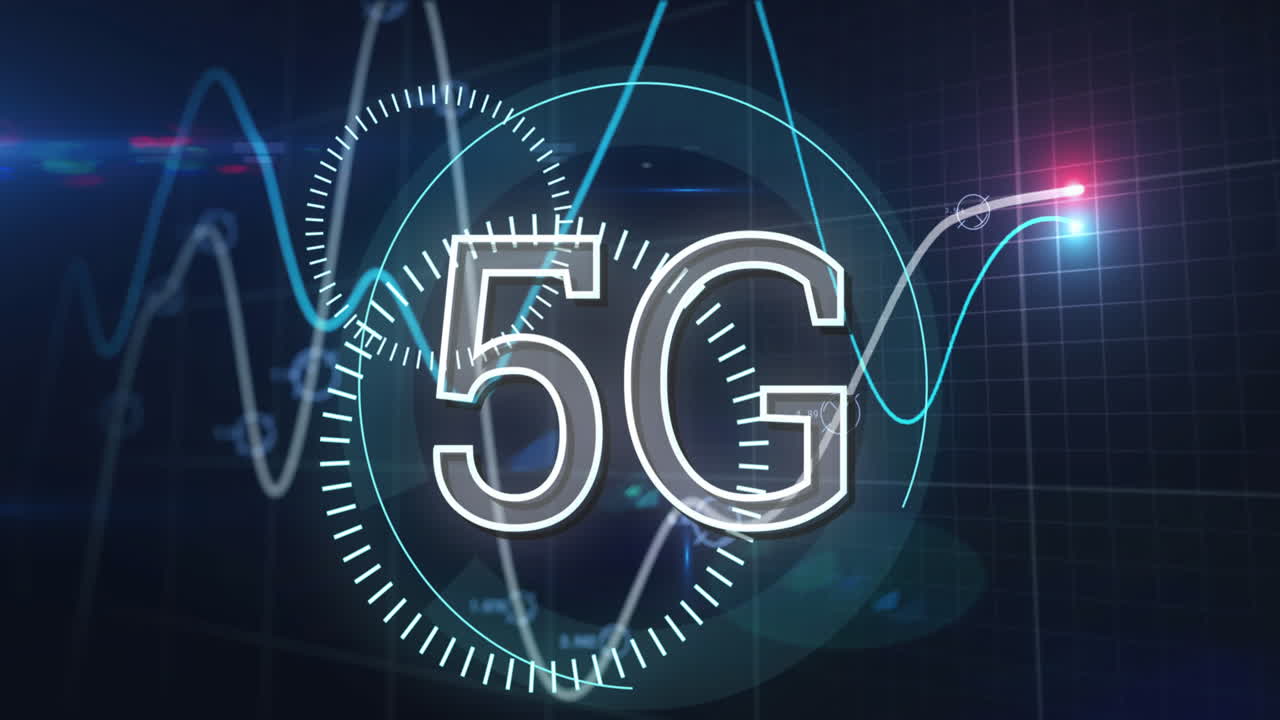 animazione di testo 5g con ambiti che ruotano sulle linee elaborazione di dati finanziari