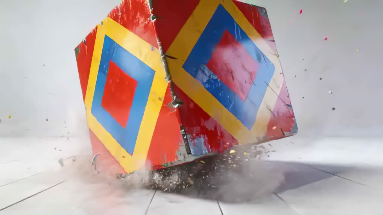 Falling painted cube striking studio floor panels, sending dust and paint chips from metal corners