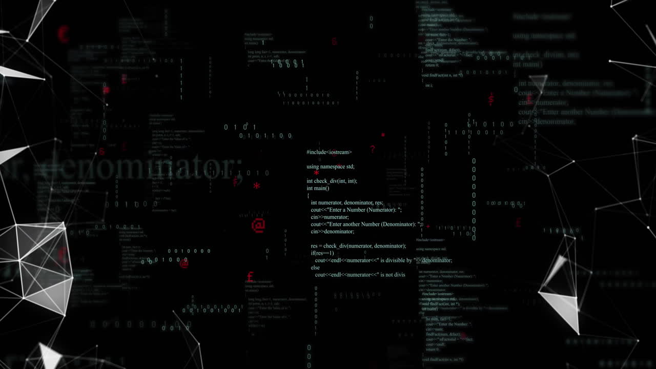 Animation of networks moving over data processing on black background