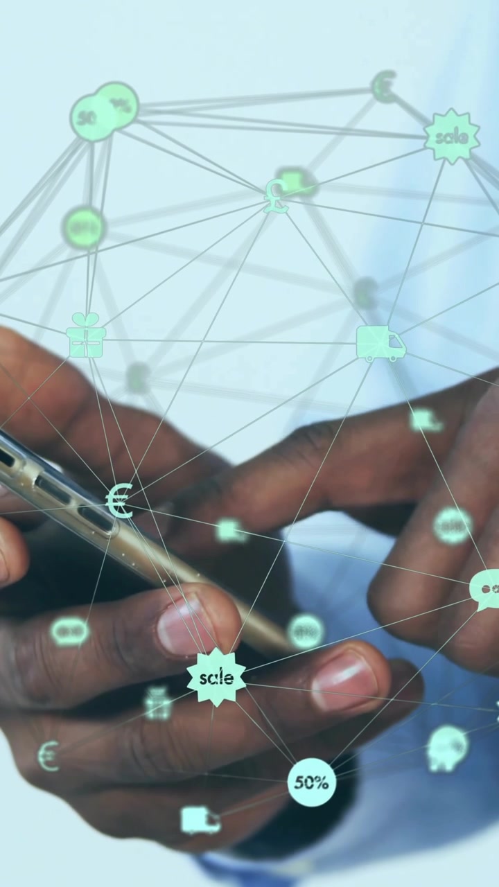 Animation of globe of network of connections with icons over afrcian american man using smartphone