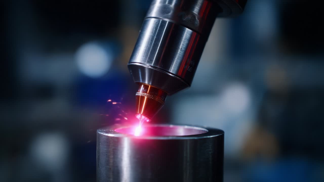 Tecnologia laser avanzata: esame ravvicinato di uno strumento di taglio laser di precisione in funzione, che mostra l'intricato processo di lavorazione dei materiali, con particolare attenzione all'emissione laser e all'interazione con la superficie metallica