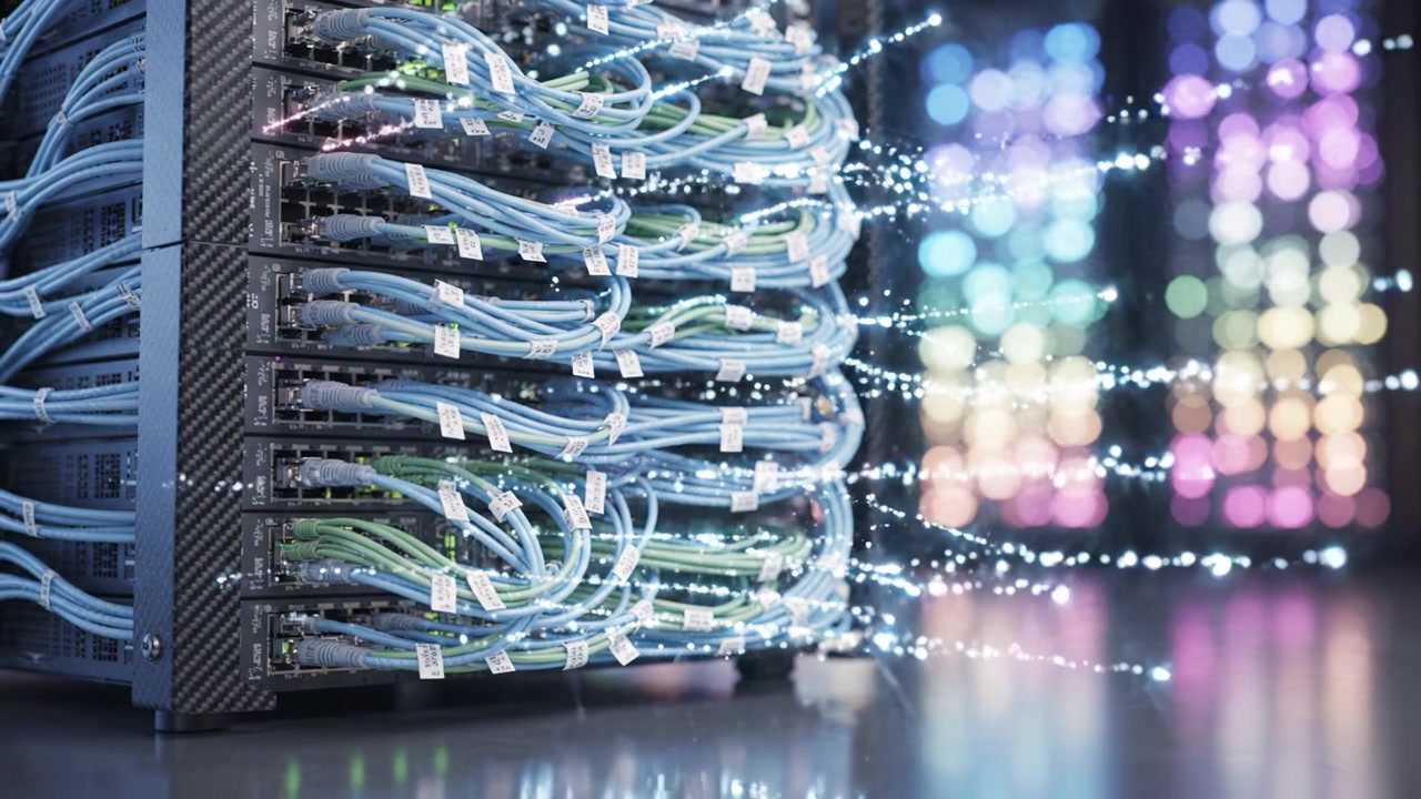Intricate Network Connection Display with Colorful LED Lights in the Background Showcasing a High-Performance Data Center Infrastructure for Advanced Technology
