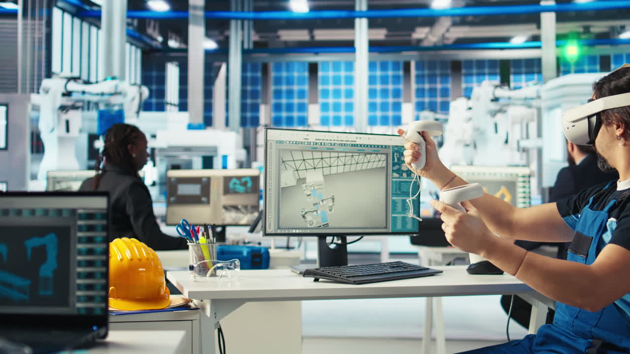 tecnico di fabbrica fotovoltaica che utilizza un auricolare vr per regolare i parametri del sistema