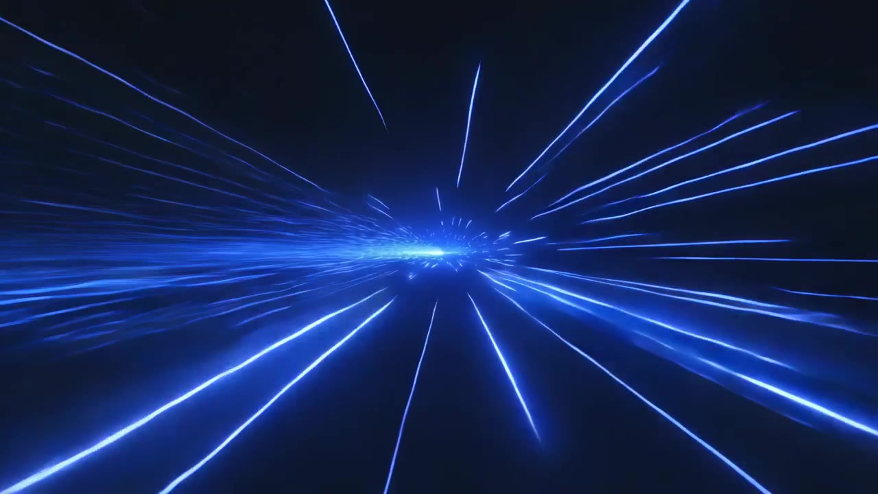Racing blue light field moving through tunnel to central glow from camera motion, emitting sparks