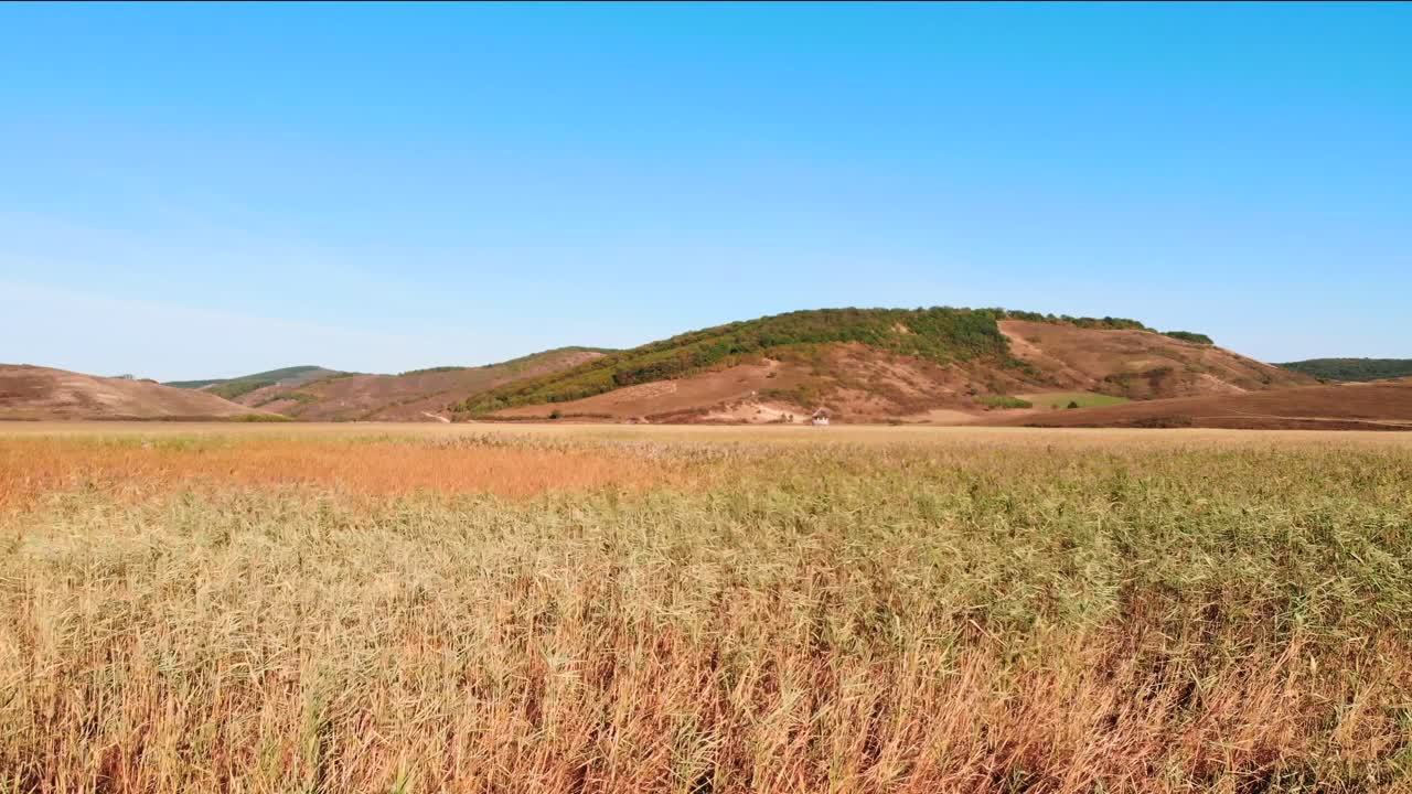 пролет с низкой скоростью деревянной сельской хижины с соломенной крышей на зеленом травянистом поле в направлении коричневого покатого холма на заднем плане, воздушное приближение с воздуха