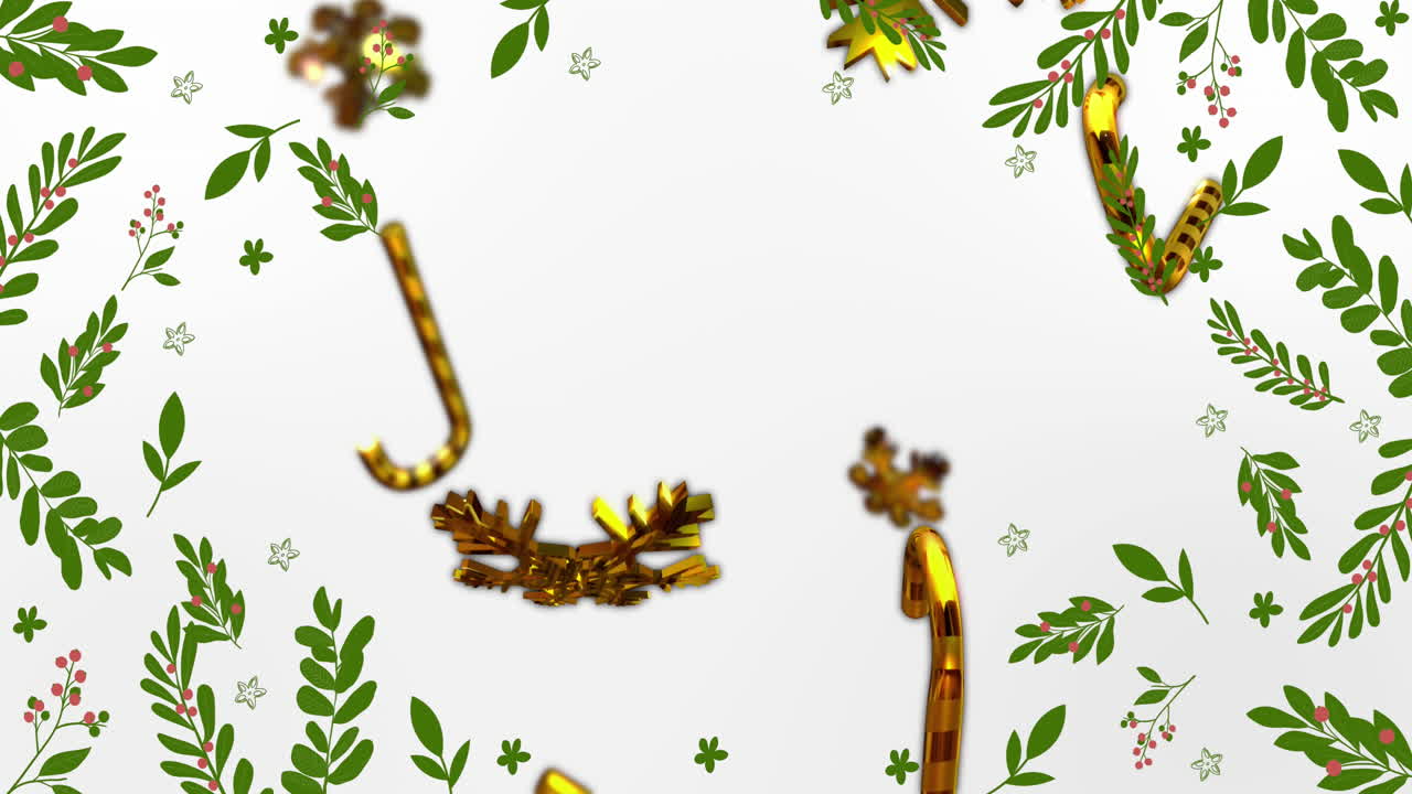 animación de caramelos de navidad y nieve cayendo sobre un fondo blanco