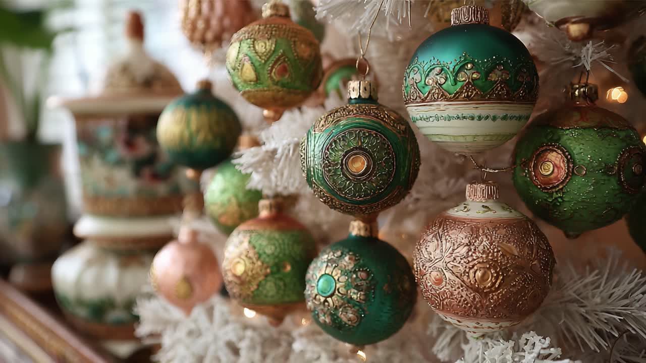 Elegant Ornaments Adorning a Beautifully Decorated Christmas Tree, Showcasing Intricate Designs and a Variety of Colors for a Festive Atmosphere