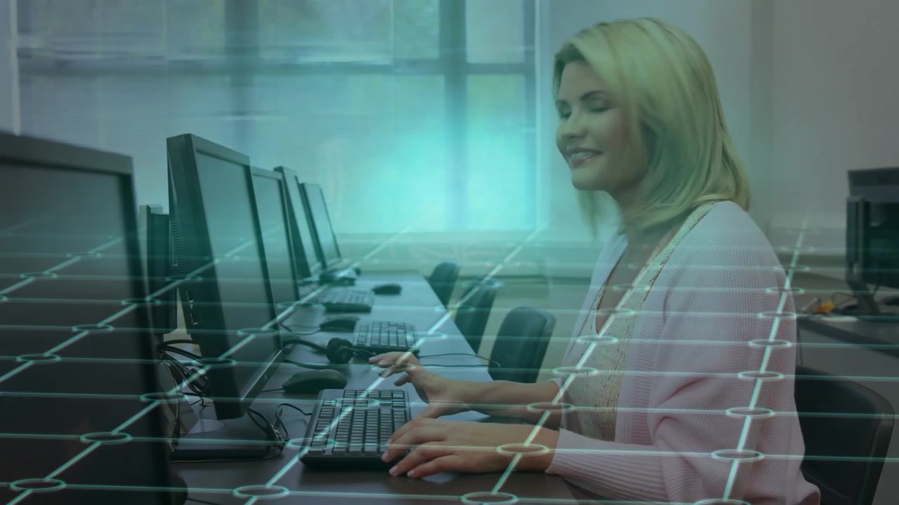Animation of data processing over caucasian female teacher using computer