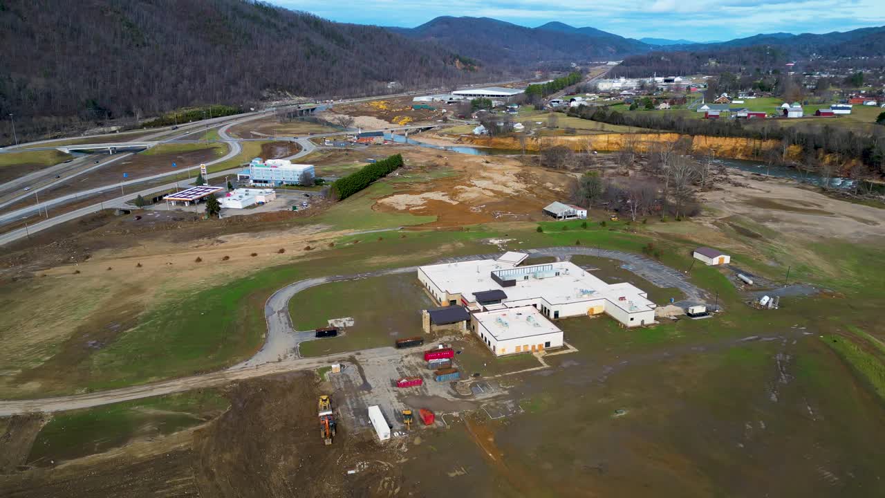 4K Aerial Drone Video of Erosion and Debris Around Hospital Caused by Flooded Nolichucky River in Erwin, TN after Hurricane Helene (2024)