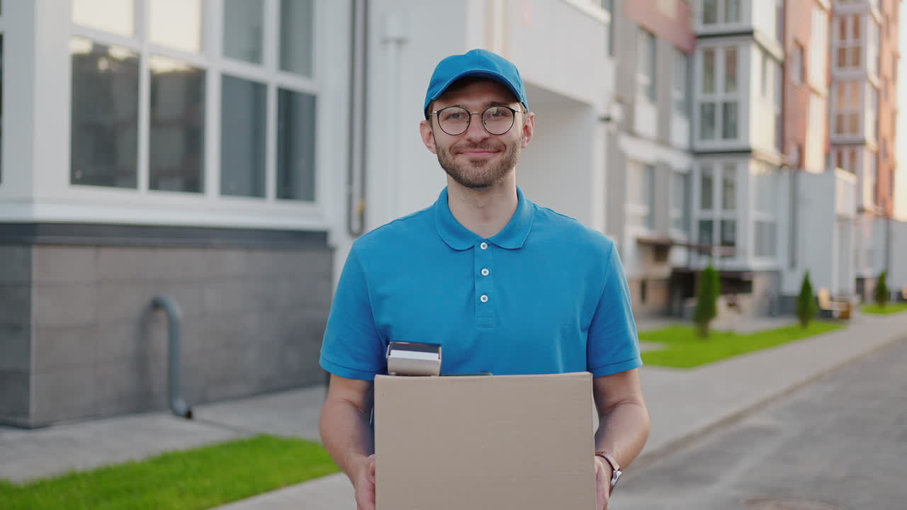 A happy delivery guy with a box in his hands looks at the camera and smiles. Portrait of a delivery man with a box in slow motion