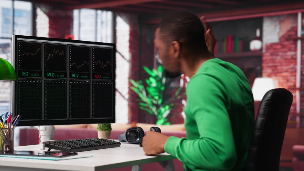 Vertical Video Cheerful day trader gaining money via stock market exchange