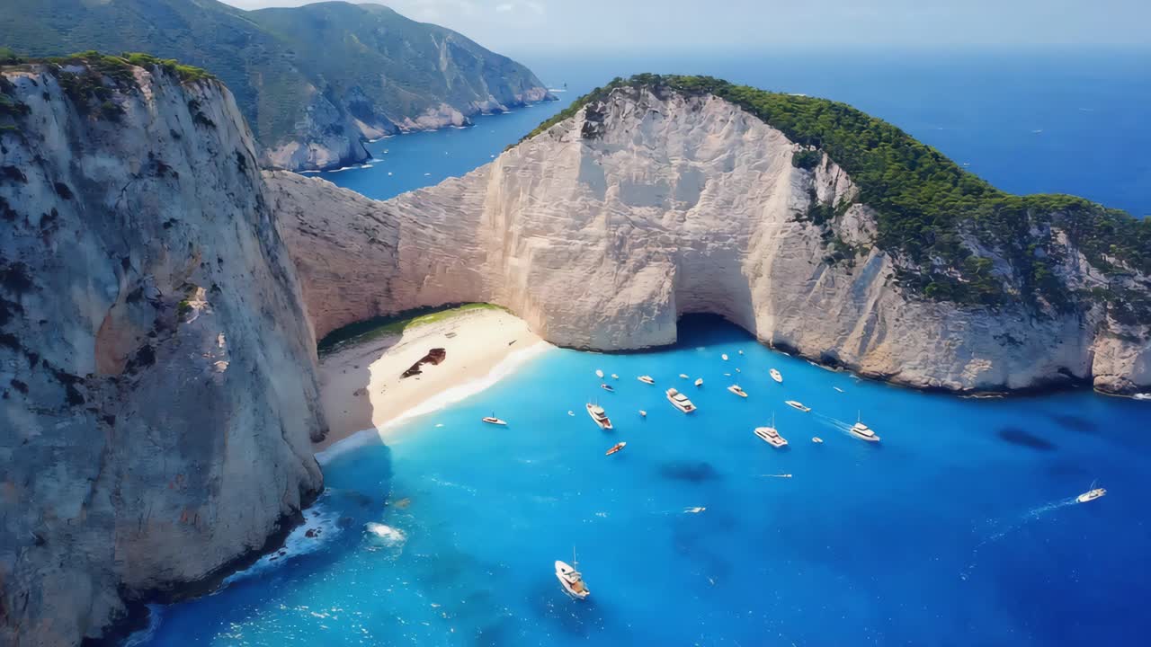 Aerial view of Navagio Beach (Shipwreck Beach) in Zakynthos, Greece, with boats in turquoise waters surrounded by white cliffs