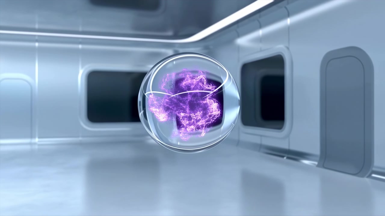 Sfera di vetro trasparente sospesa vicino al centro del primo piano contiene una densa nuvola di particelle magenta-viola che si consolida e si illumina visibilmente, con venature filamentose e sottili bande luminescenti