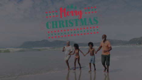animation of christmas greetings text over african american grandparents with grandchildren on beach