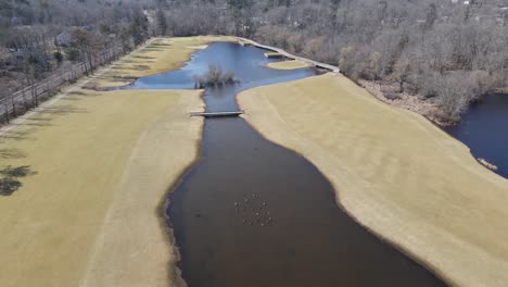 Drohnenrückzug-über-Einem-Golfplatz-Am-Ende-Des-Winters-Mit-Wildtieren,-Gras-Und-Umgebendem-Laub