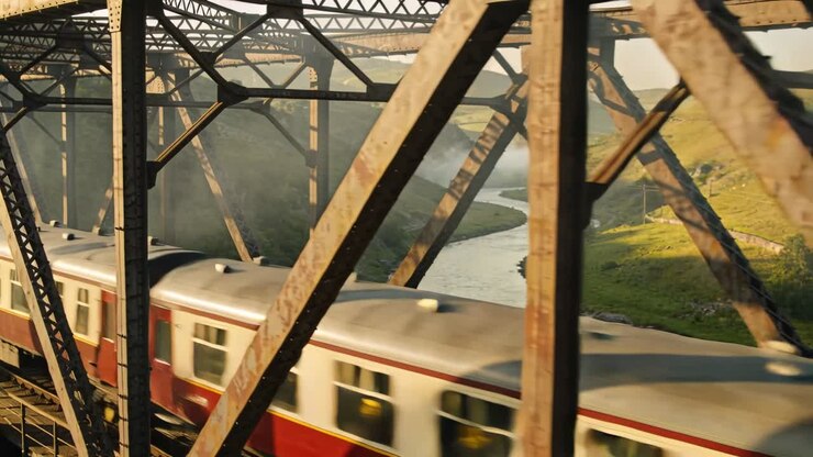 Entering diesel train pulling red-cream coaches over steel truss bridge, carrying passengers