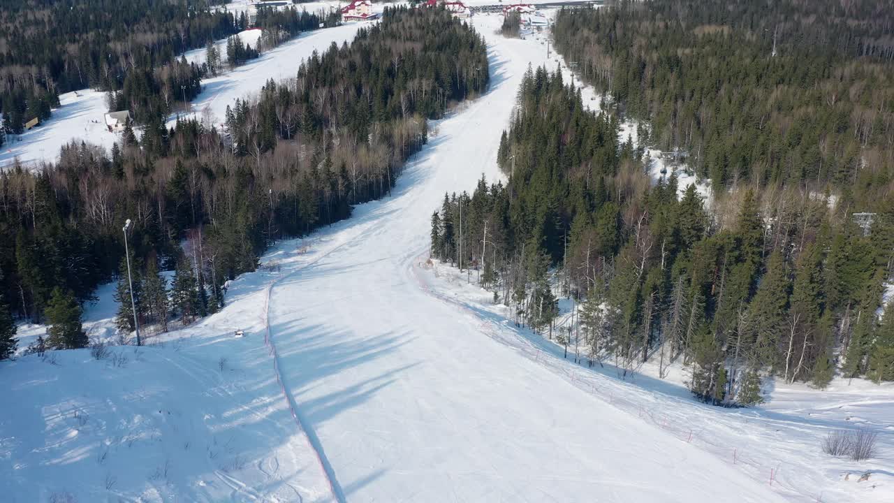 снежный лыжный склон в лесу