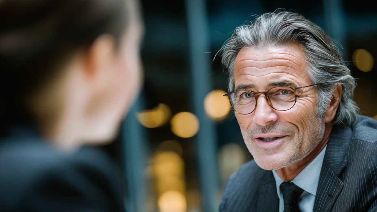 Un professionista aziendale sicuro di sé che intavola una discussione approfondita con un collega in un moderno ambiente d'ufficio, mettendo in mostra capacità di leadership e comunicazione.