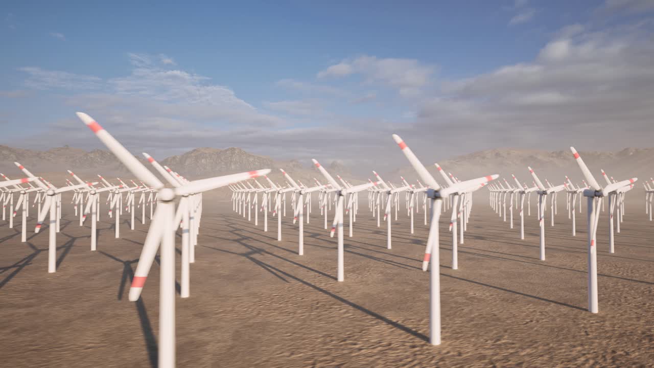 Wind turbines farm in the desert at sunset, 3D animation, animated scene, camera dolly right
