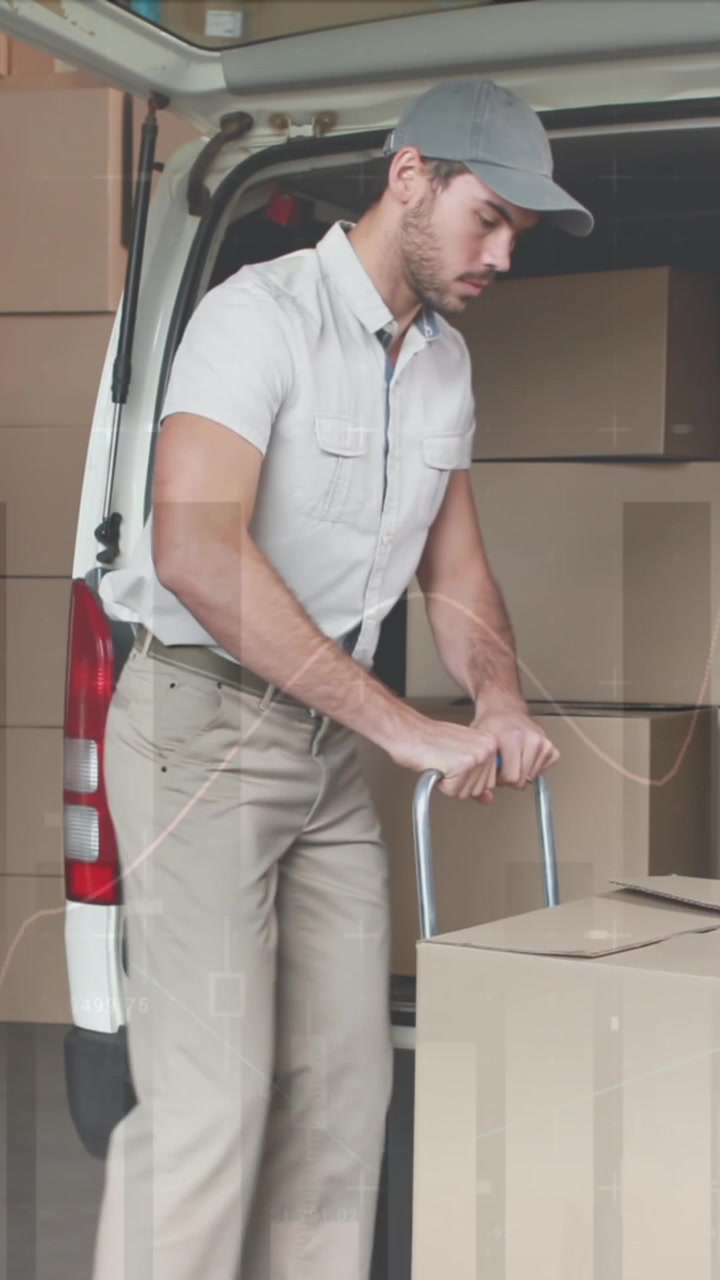 Animation of data processing over man packing boxes into car