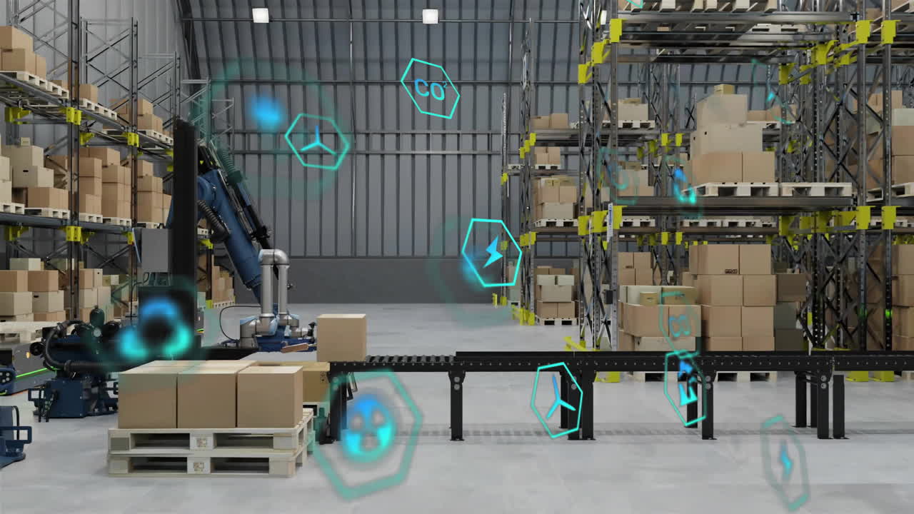 Animation of ecology icons over machines in warehouse