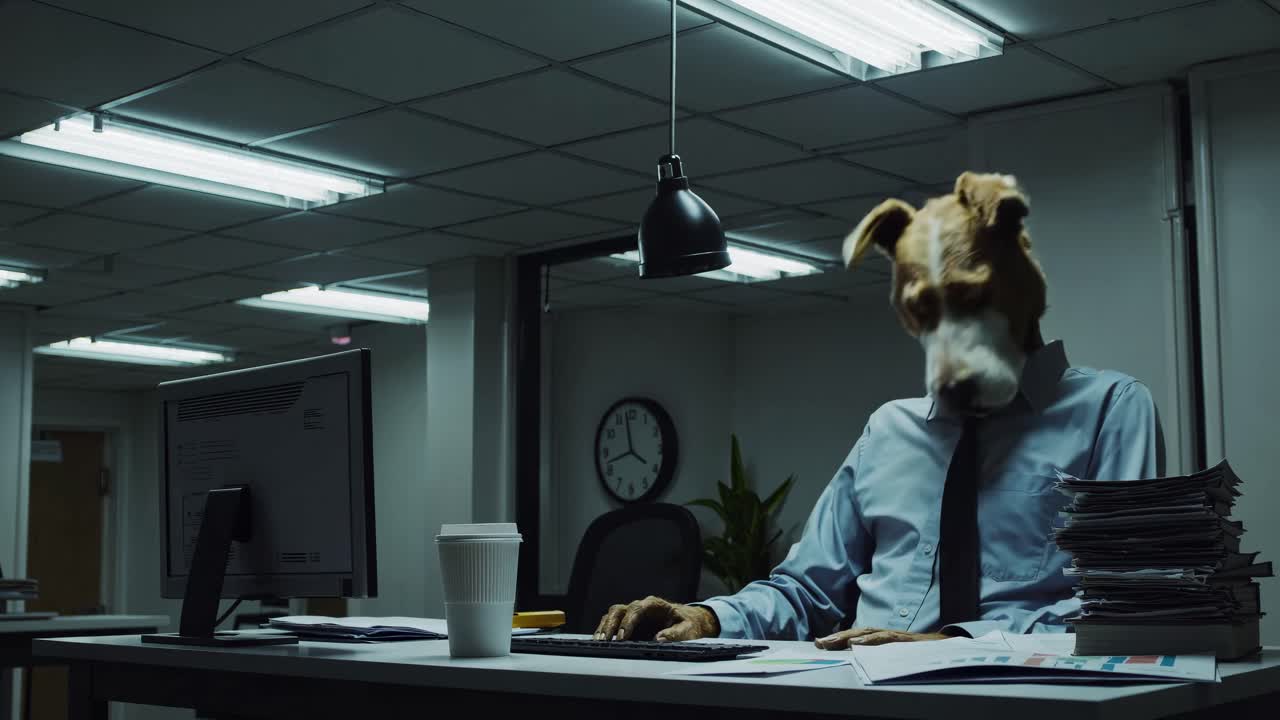 A surreal video scene with a low-angle shot of a person in a dog mask working at a dimly lit office