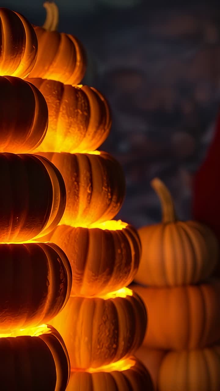 Vertical video: Pumpkin stack glowing from warm light in dusk market, figure stepping from right
