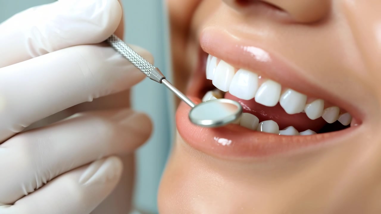 Primo piano di un dentista che esamina i denti bianchi e sani di un paziente con uno specchietto