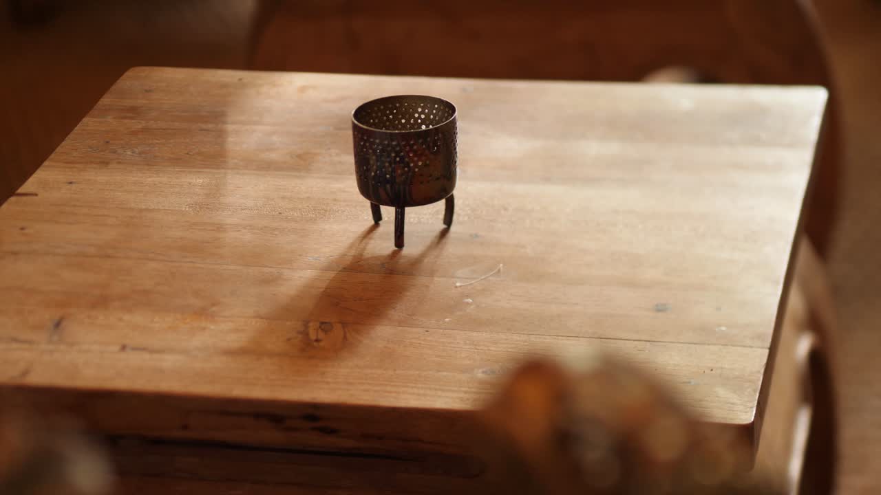 Rustic Wooden Table with Unique Metal Candle Holder Home Decor
