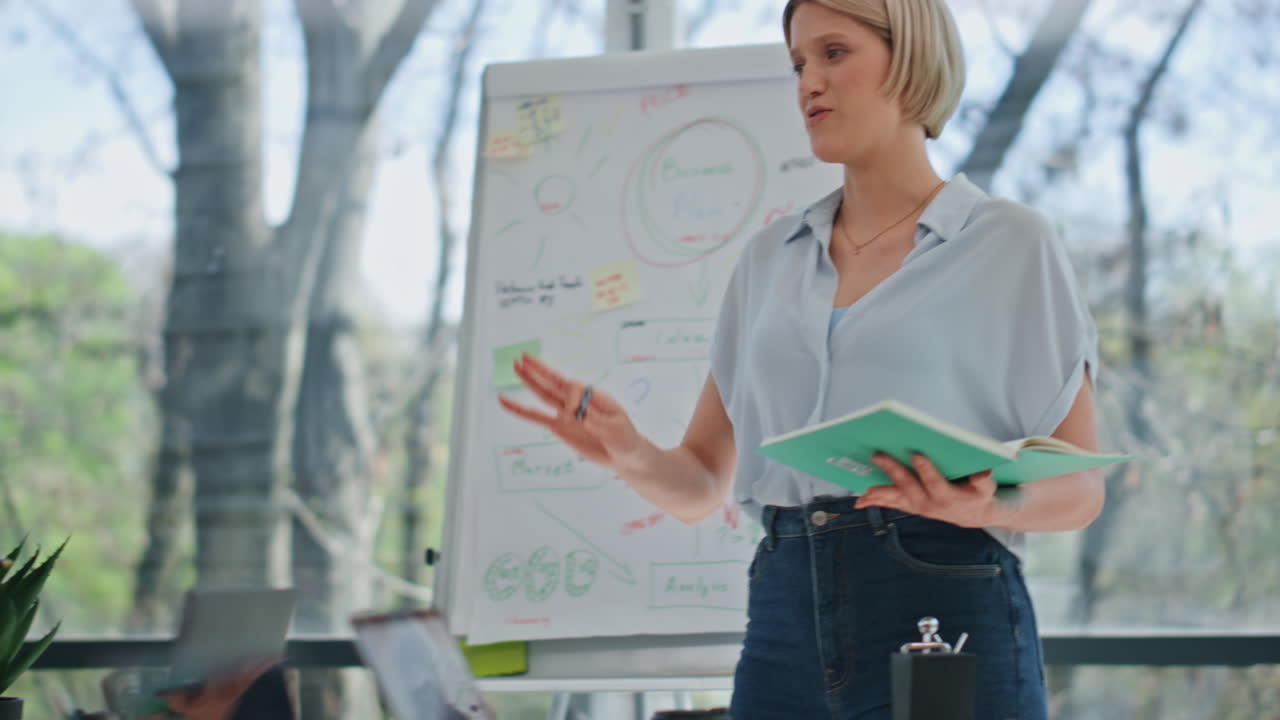 audiencia de negocios discutiendo en la sala de reuniones de primer plano. líder flip chart seminario