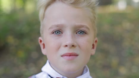 teen boy of european appearance close up a boy with blond hair a little boy with blond hair and gray eyes looks into the camera lens