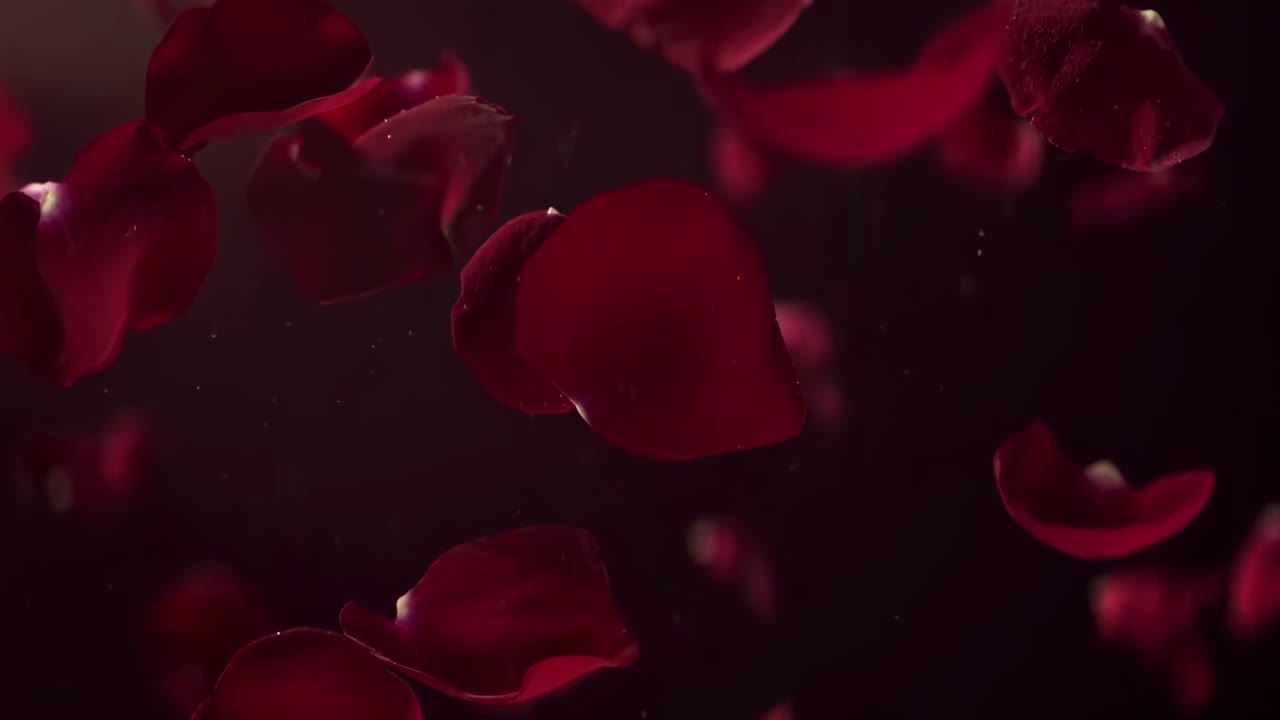 Video ravvicinato di petali di rosa rossa che cadono delicatamente su uno sfondo scuro