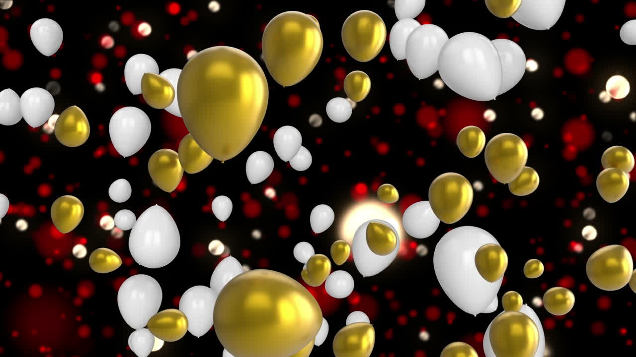 animación de globos y luces de colores volando sobre un fondo negro