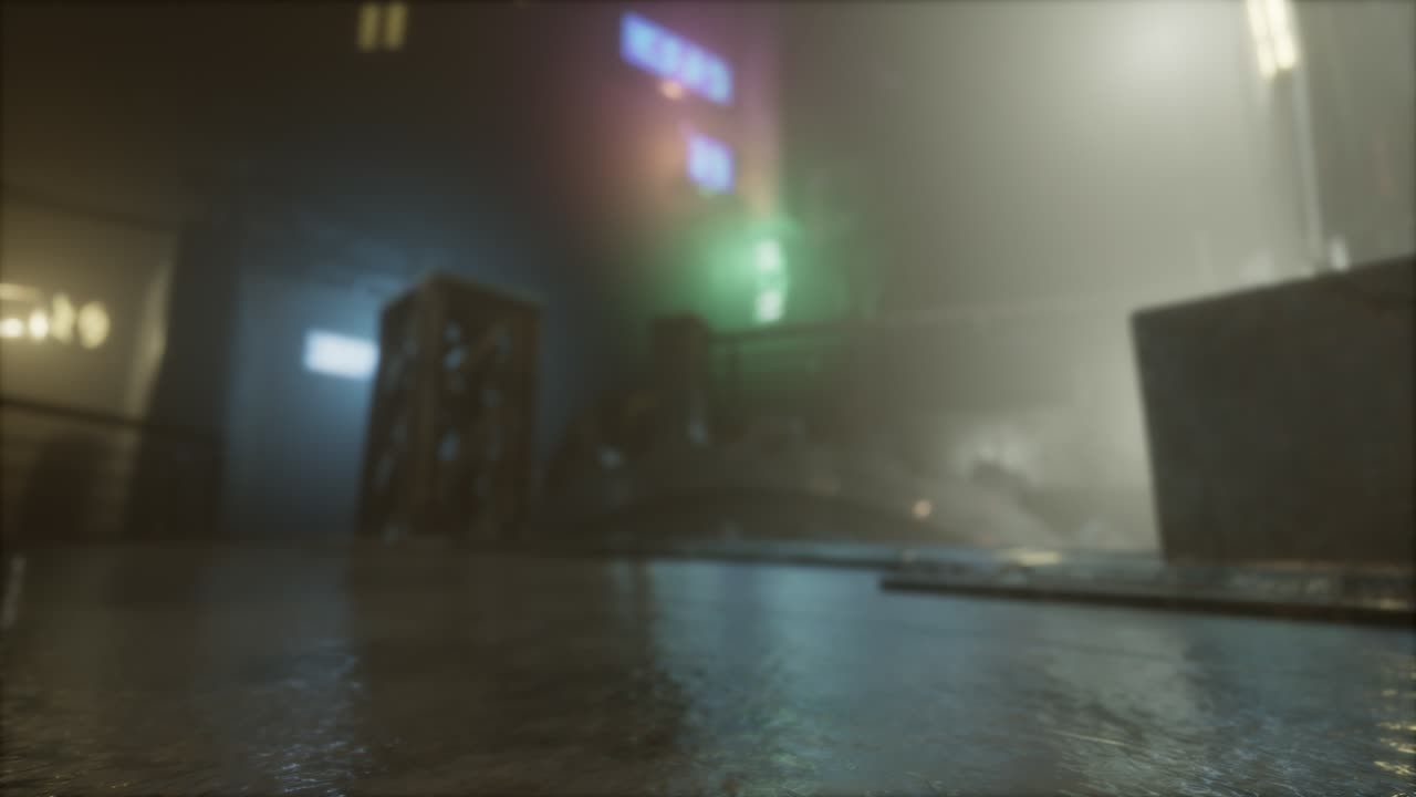 neon lights in soft focus on street with fog at night