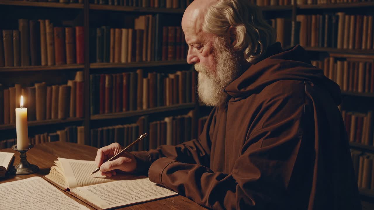 Een videoframe toont een oudere man die schrijft in een schemerig verlichte bibliotheek