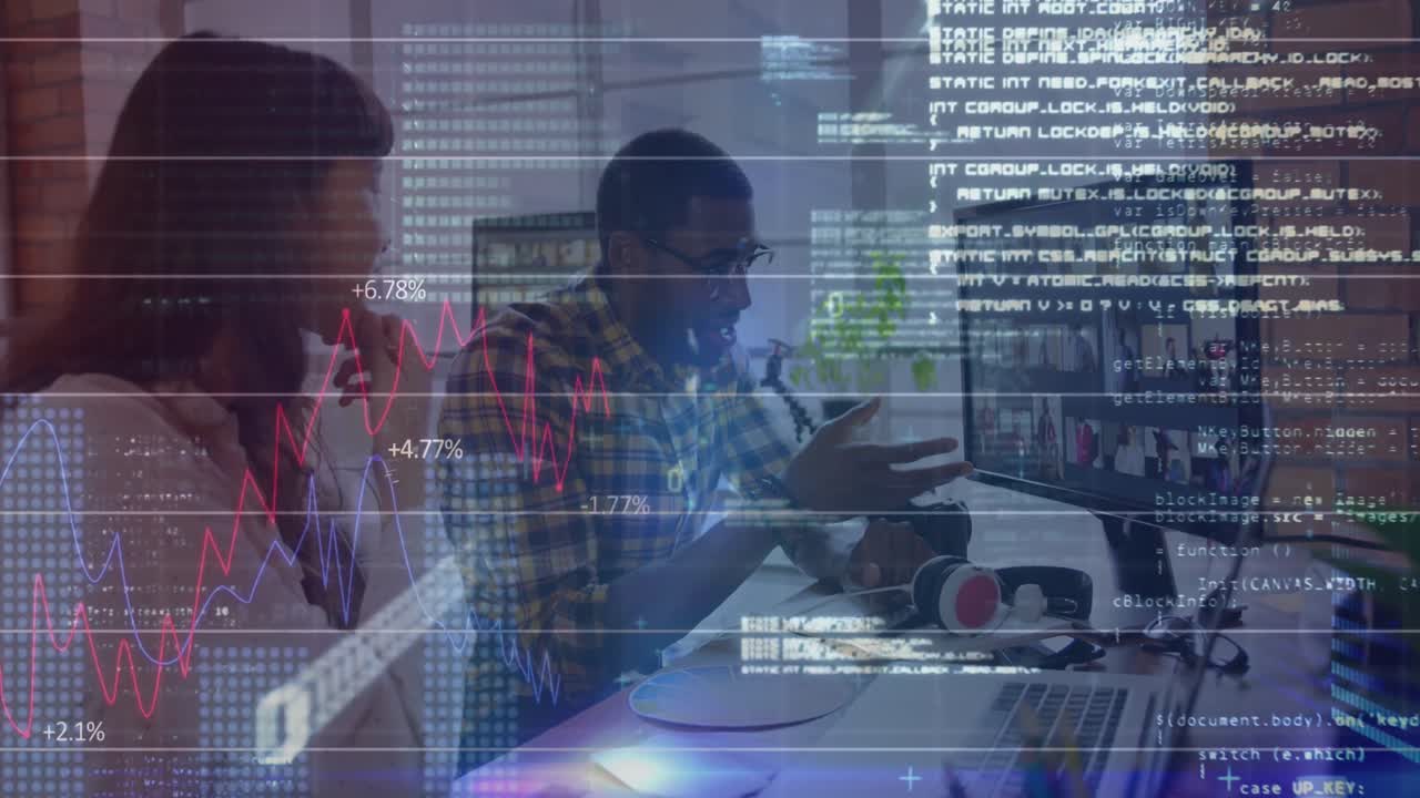 Animation of graphs, binary codes, computer language, diverse coworkers discussing about pictures