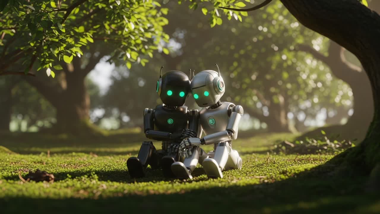Un momento toccante nella natura: due simpatici robot si godono la compagnia sotto la lussureggiante vegetazione di una serena ambientazione forestale