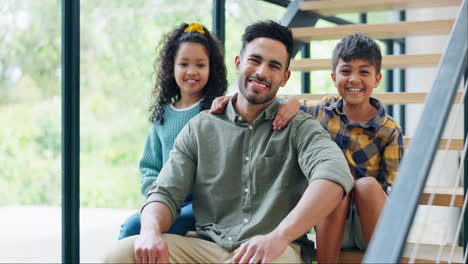 happy father, children and relax on stairs in real